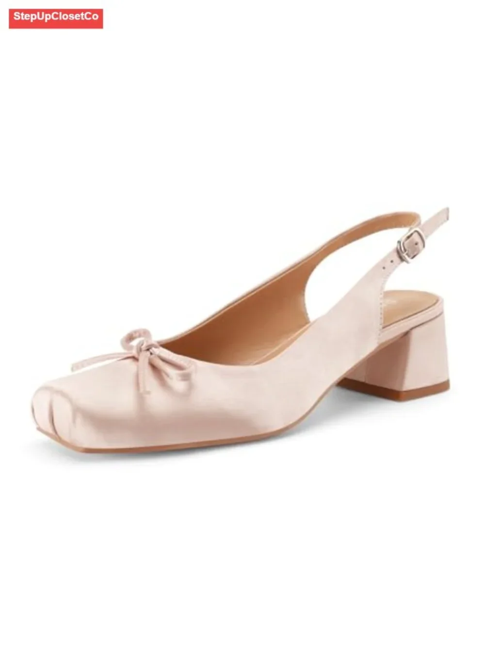 Ballet Slingback Heels Square Toe Chunky Heel Pumps Bow